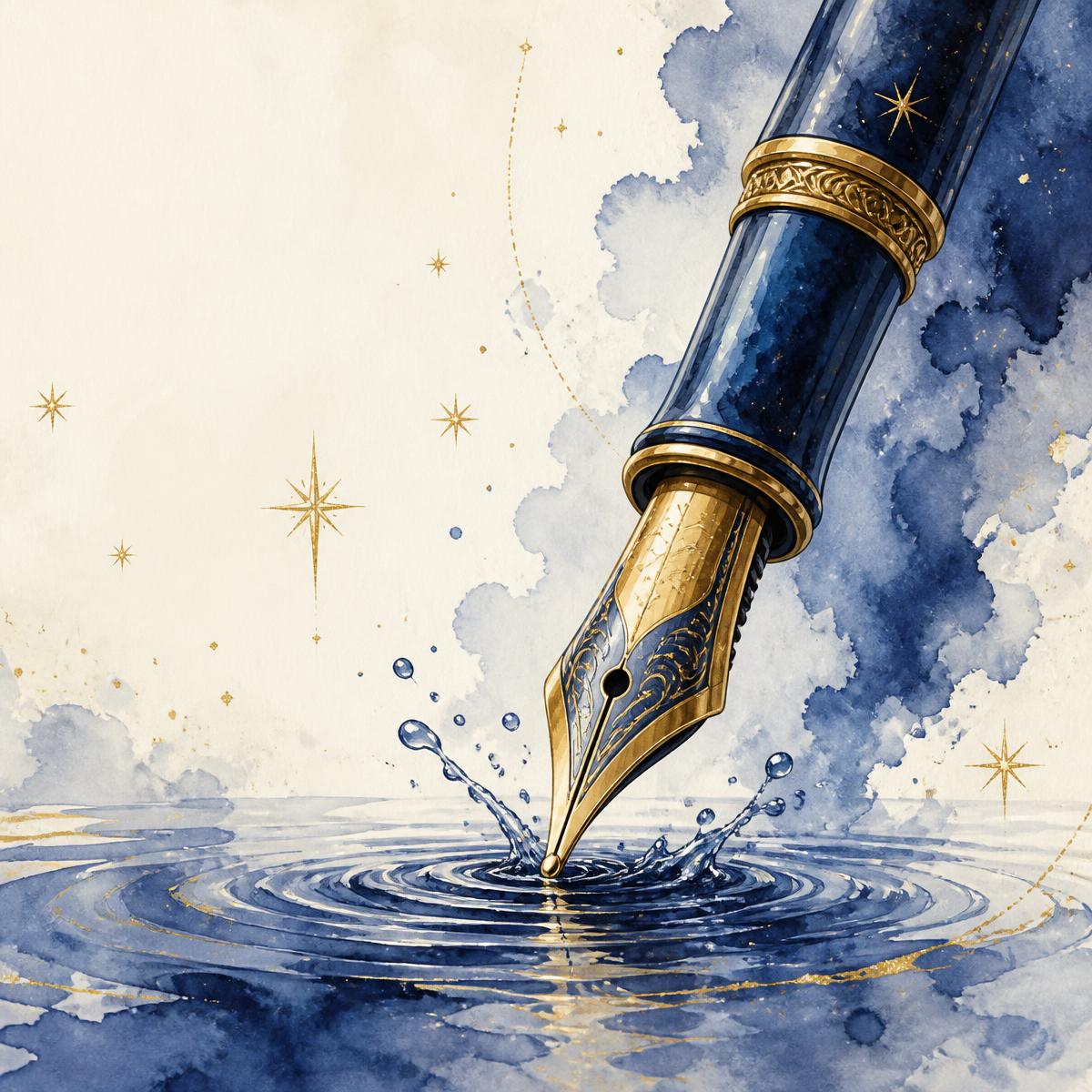 Ilustração em aquarela de uma caneta tinteiro tocando a água