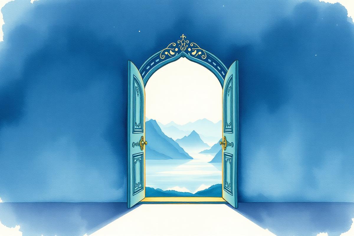 Porta aberta em aquarela revelando montanhas e um lago